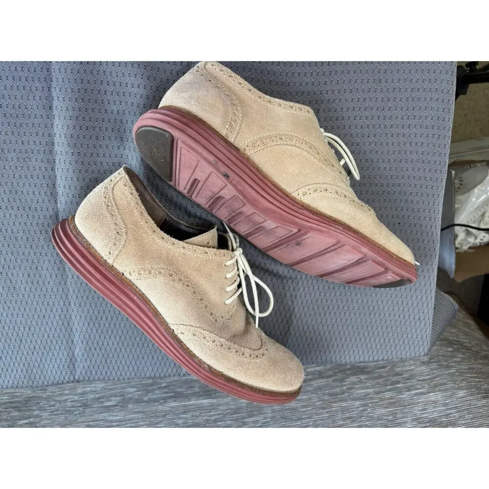 Cole Haan Shoes Mens Size 11M Beige Suede Wingtip Brogue Oxford Dress LunarGrand